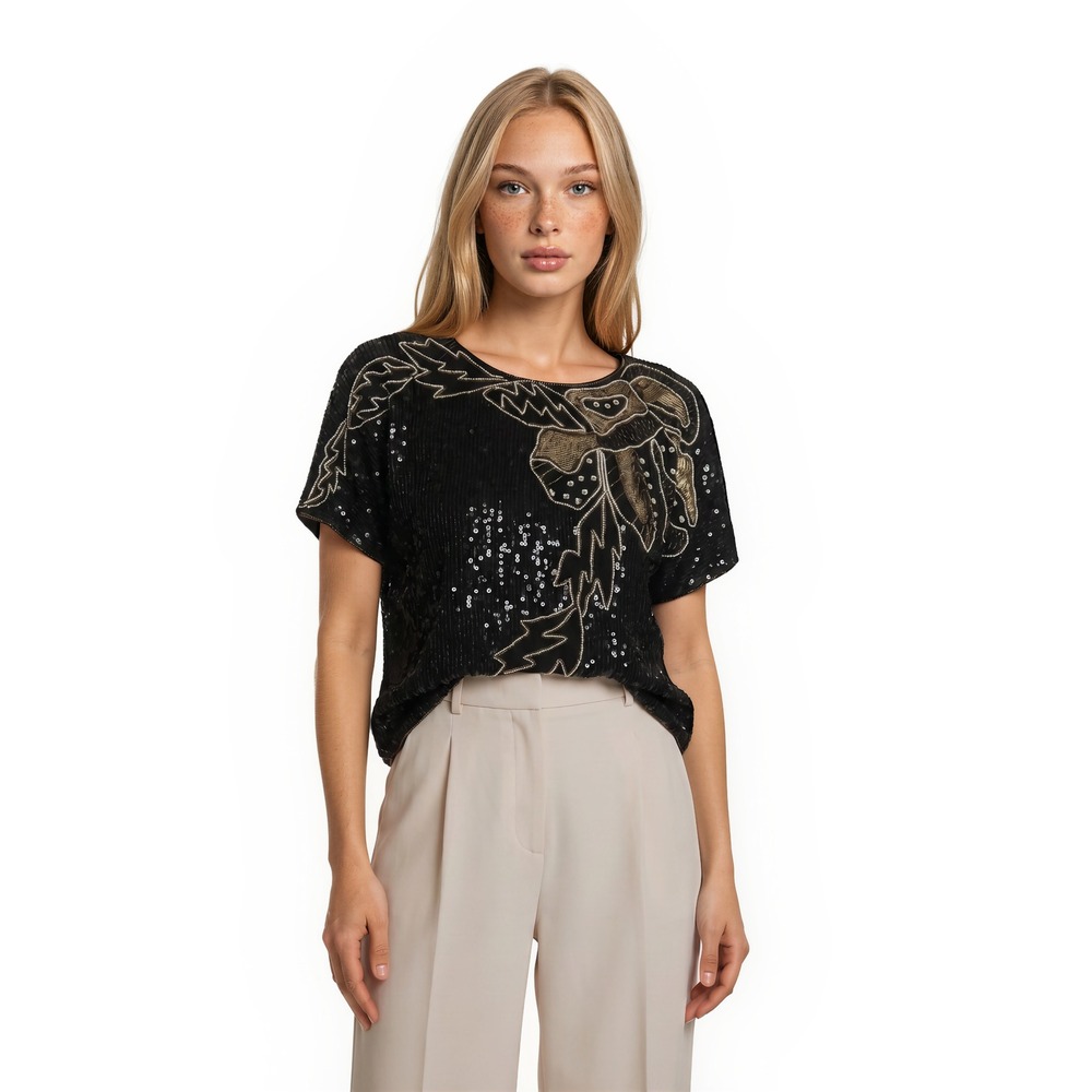 Jean for Joseph Le Bon 100% Silk Top Womens Size Large Black Gold Sequin Blouse